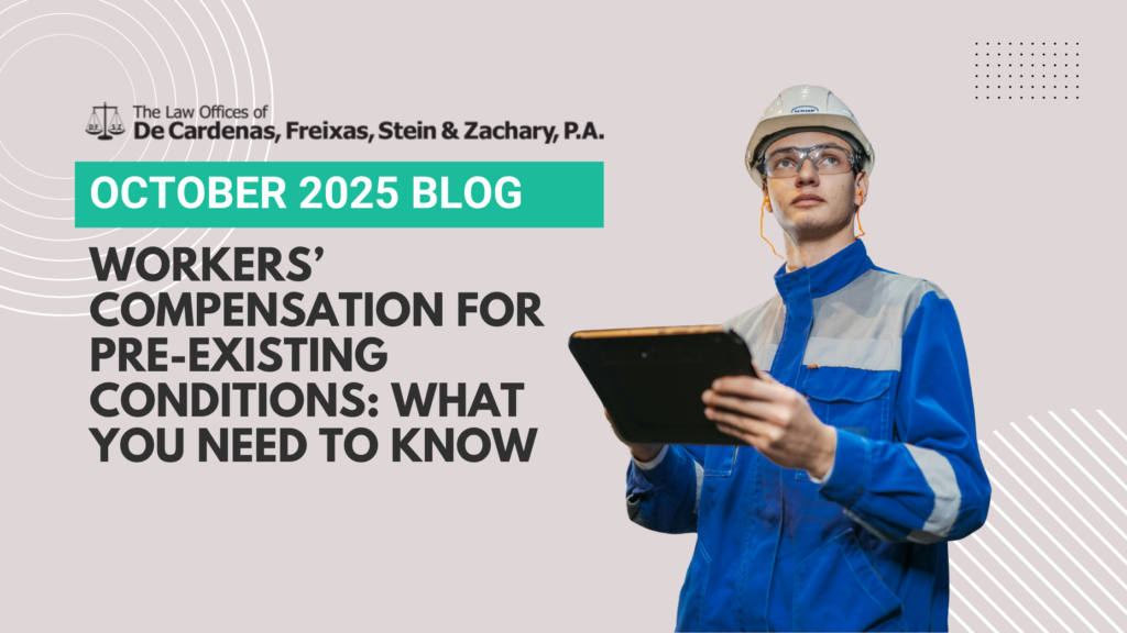 Worker with clipboard next to him is the title of the blog Workers' Compensation for Pre-Existing conditions what you need to know.